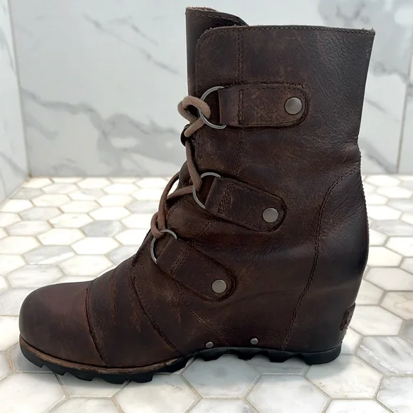 SOREL Joan of Arctic ll Wedge Tobacco Brown Leather Mid Boot Waterproof Bootie - Picture 8 of 14